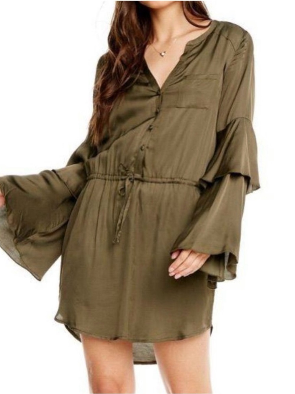 Chaser Olive Green Tiered Bell-Sleeve Drawstring Mini Dress